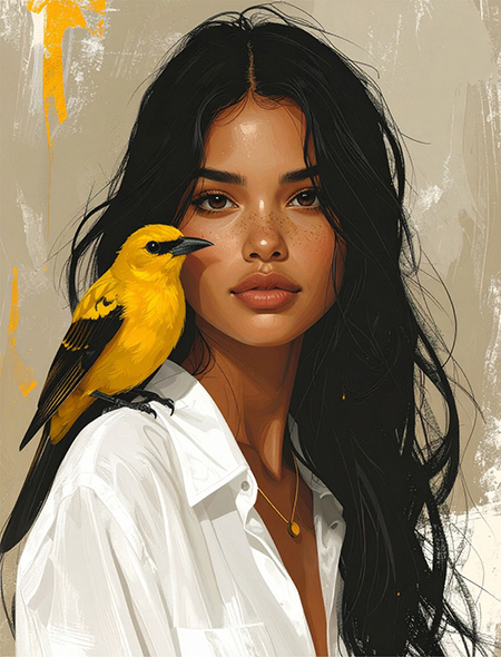 black haired latina holding a yellow and black bird