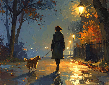 image of a woman walking her dog at night