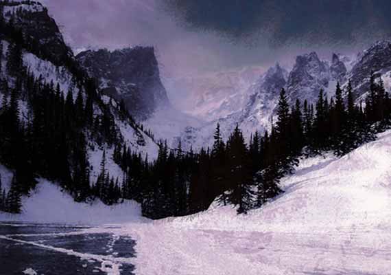 Painting of snow covered mountains