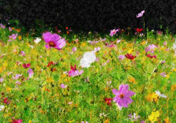 Close up painting of a field of flowers